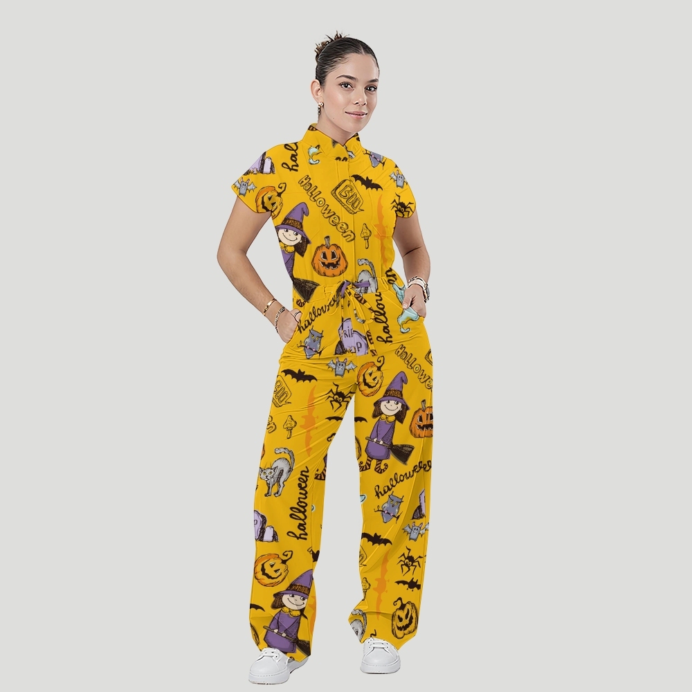 Women's Stand Collar Waist Tie Halloween Print Scrub Jumpsuit SJ91719