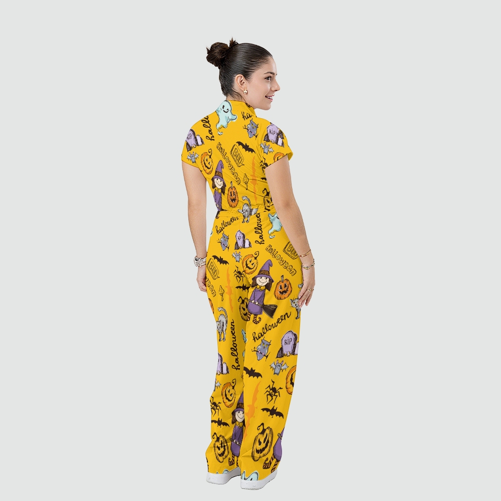 Women's Stand Collar Waist Tie Halloween Print Scrub Jumpsuit SJ91719
