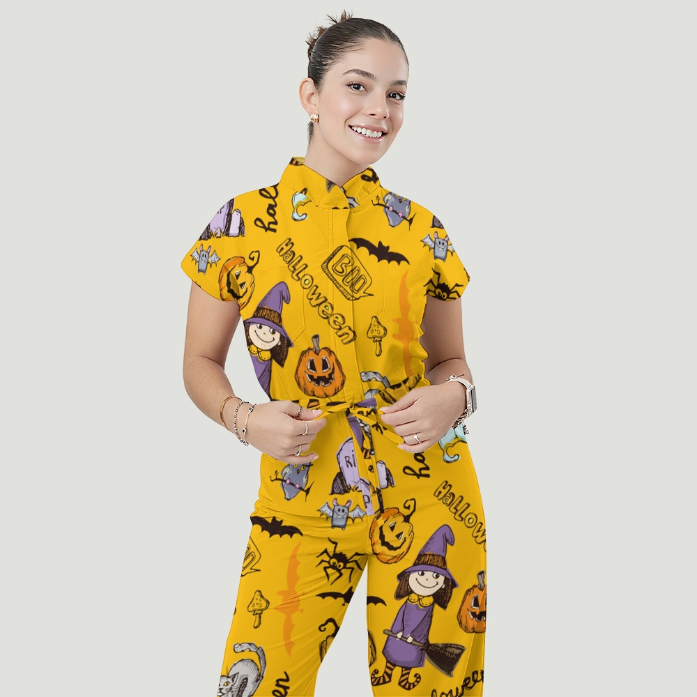 Women's Stand Collar Waist Tie Halloween Print Scrub Jumpsuit SJ91719
