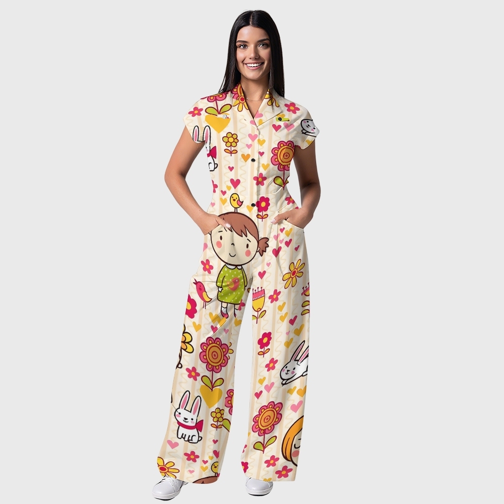 Women's Button-Up Cartoon Children Print Scrub Jumpsuit SJ91725