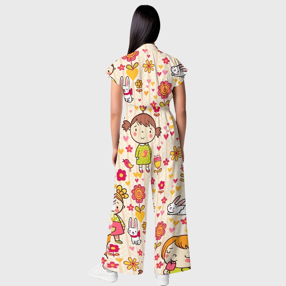 Women's Button-Up Cartoon Children Print Scrub Jumpsuit SJ91725