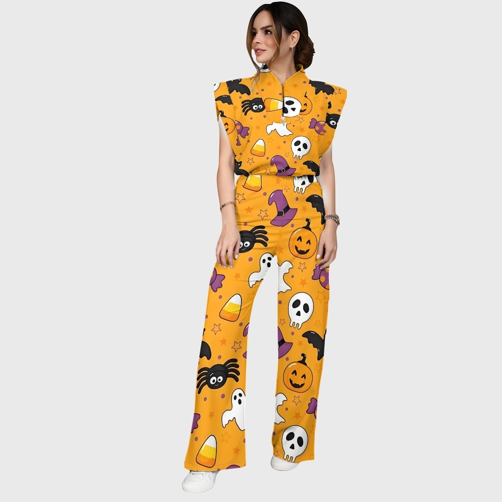 Women's Stand-Up Tie Zipper Halloween Printed Scrub Set SJ91726