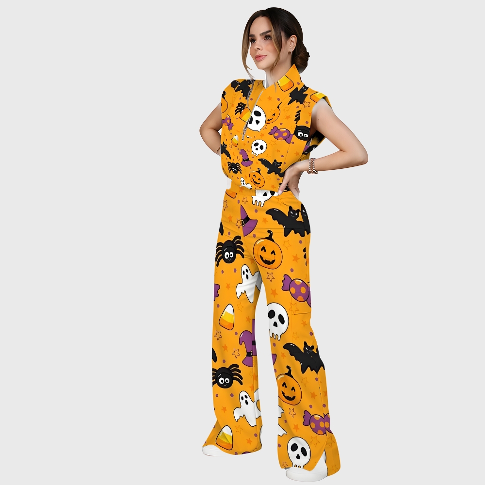 Women's Stand-Up Tie Zipper Halloween Printed Scrub Set SJ91726