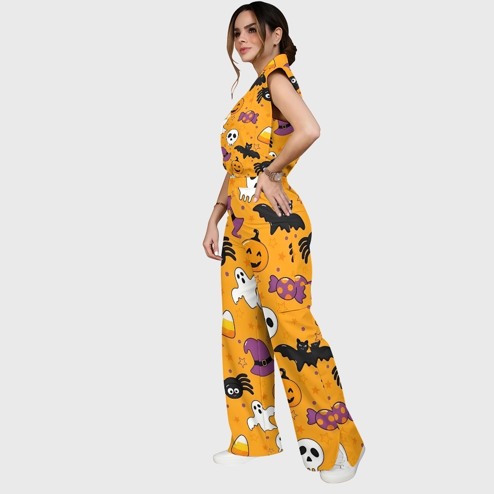 Women's Stand-Up Tie Zipper Halloween Printed Scrub Set SJ91726