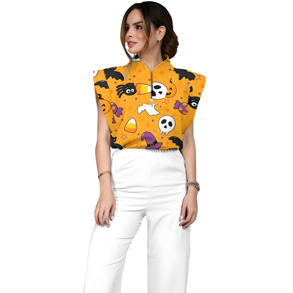 Women's Stand-Up Tie Zipper Halloween Printed Scrub Set SJ91726