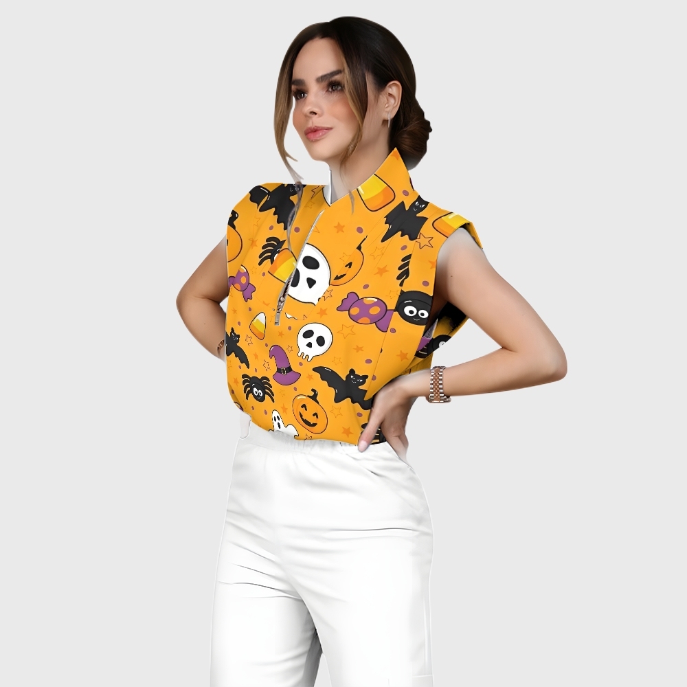 Women's Stand-Up Tie Zipper Halloween Printed Scrub Set SJ91726