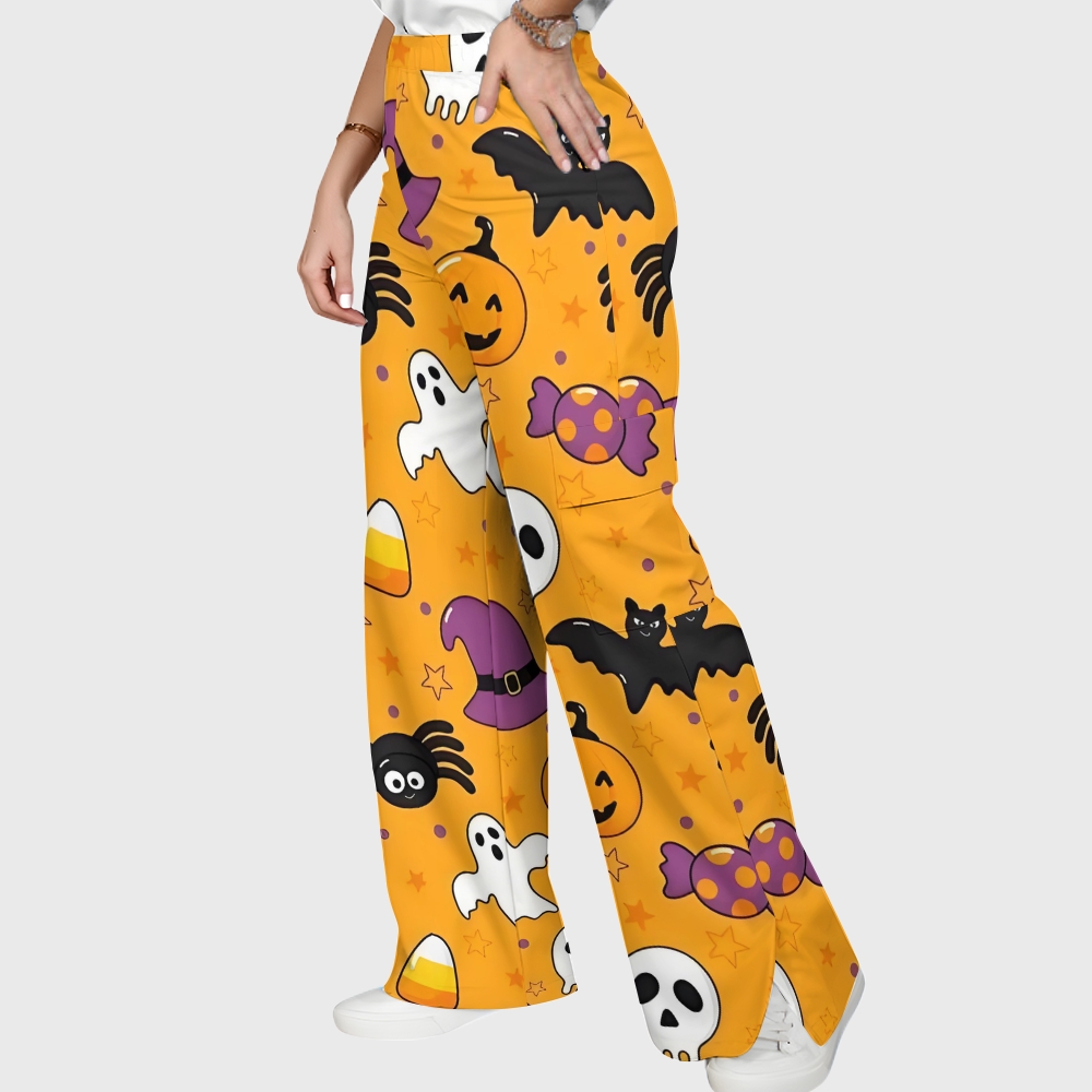 Women's Stand-Up Tie Zipper Halloween Printed Scrub Set SJ91726