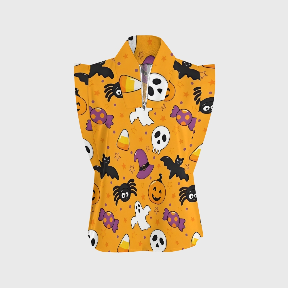 Women's Stand-Up Tie Zipper Halloween Printed Scrub Set SJ91726