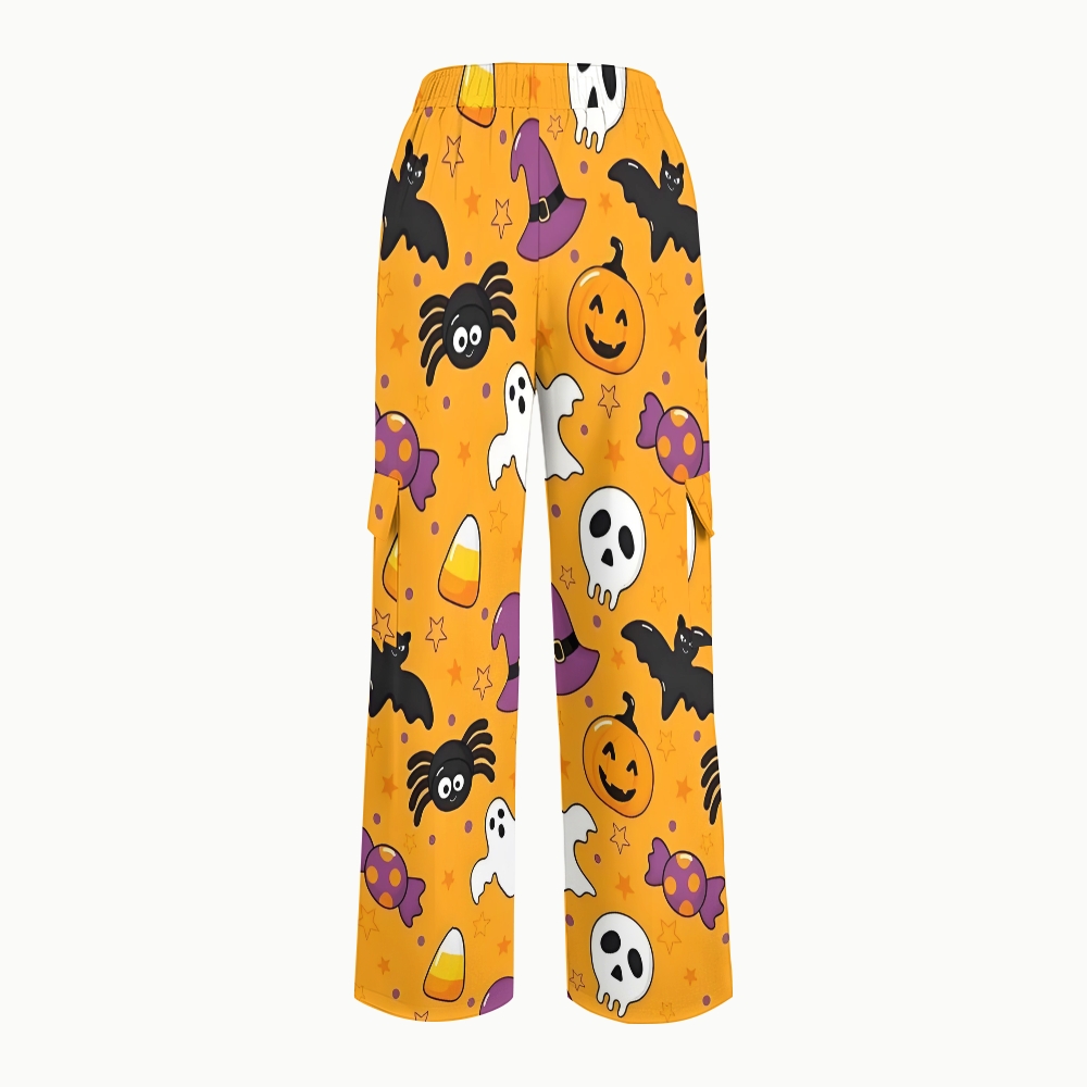 Women's Stand-Up Tie Zipper Halloween Printed Scrub Set SJ91726