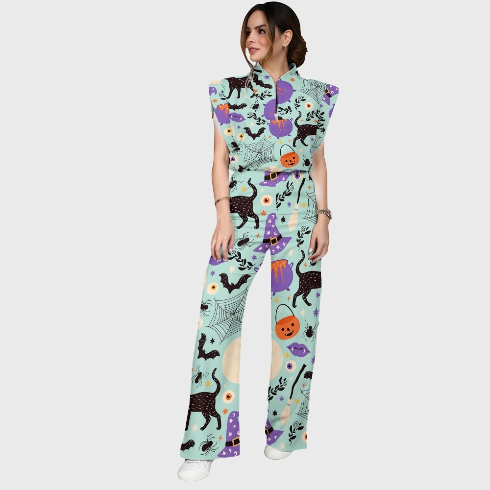 Women's Stand-Up Tie Zipper Halloween Printed Scrub Set SJ91727