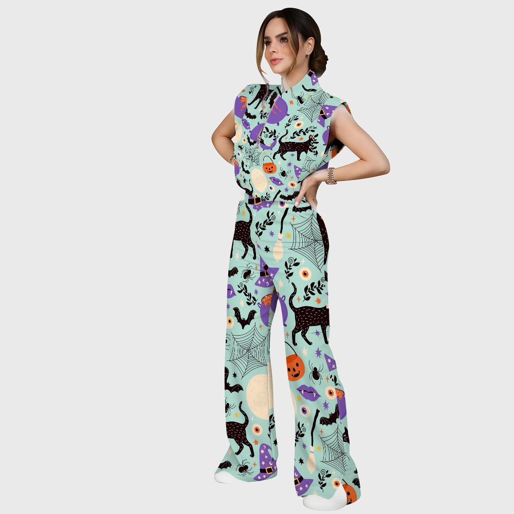 Women's Stand-Up Tie Zipper Halloween Printed Scrub Set SJ91727