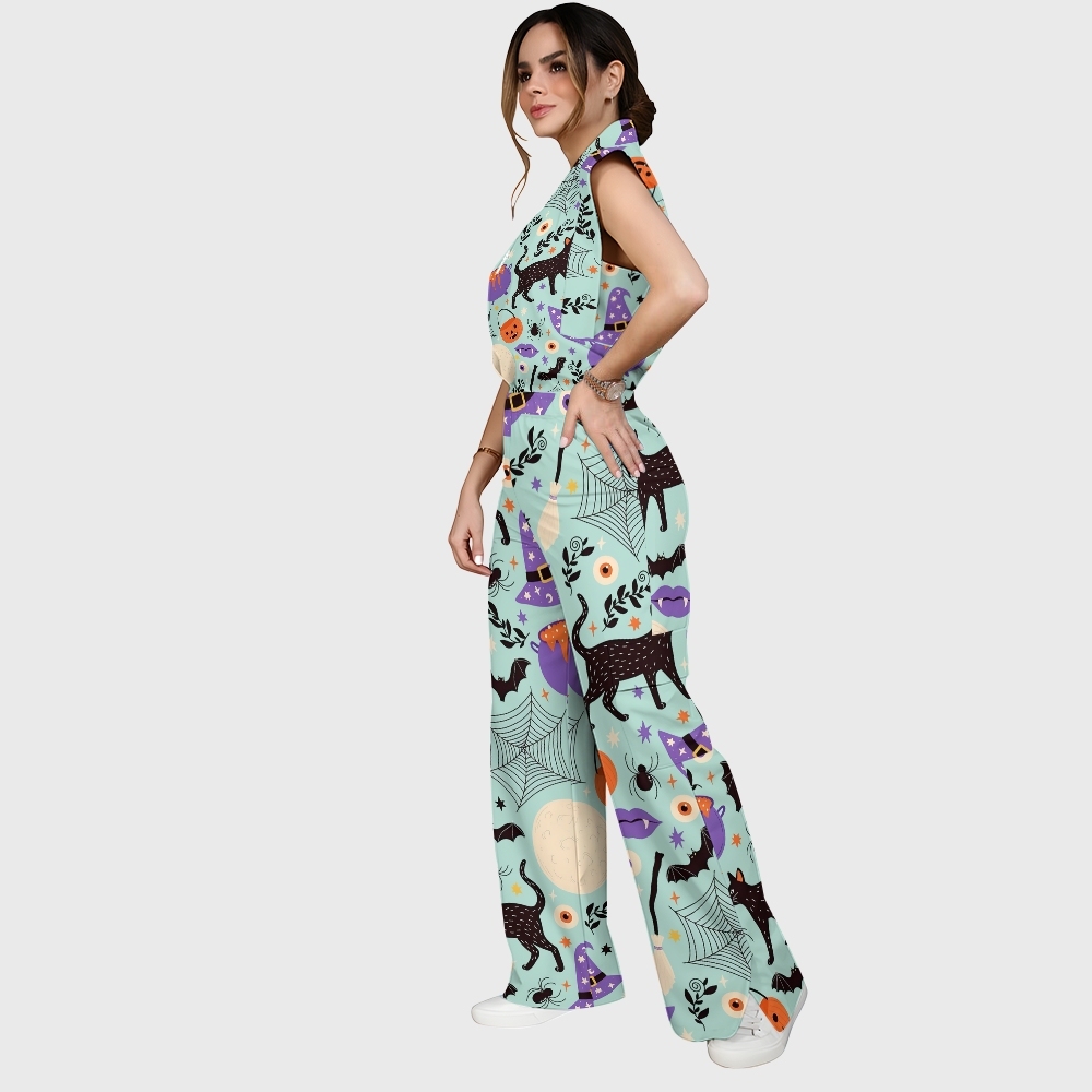 Women's Stand-Up Tie Zipper Halloween Printed Scrub Set SJ91727