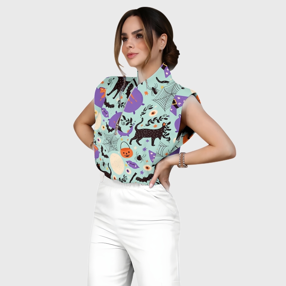 Women's Stand-Up Tie Zipper Halloween Printed Scrub Set SJ91727