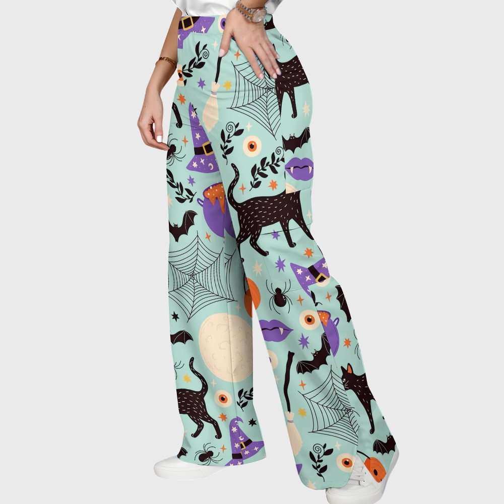 Women's Stand-Up Tie Zipper Halloween Printed Scrub Set SJ91727