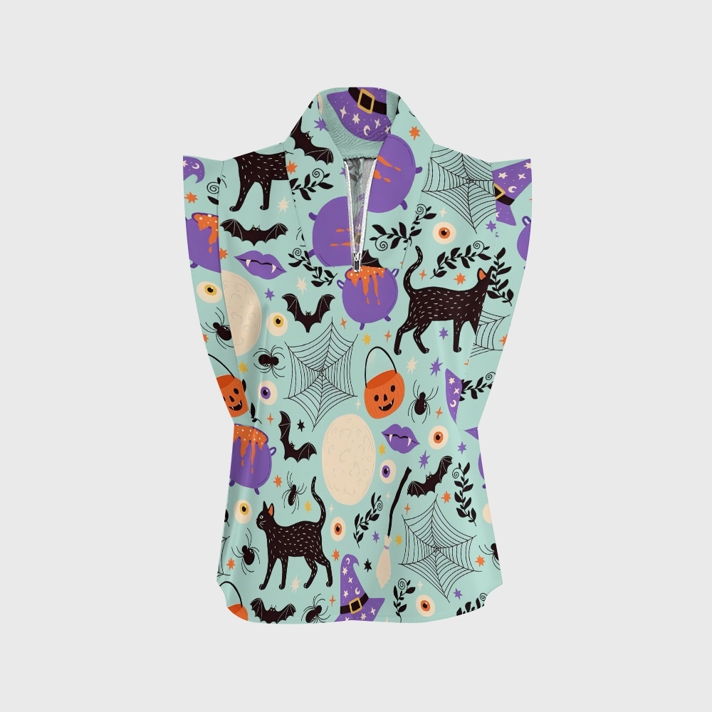 Women's Stand-Up Tie Zipper Halloween Printed Scrub Set SJ91727