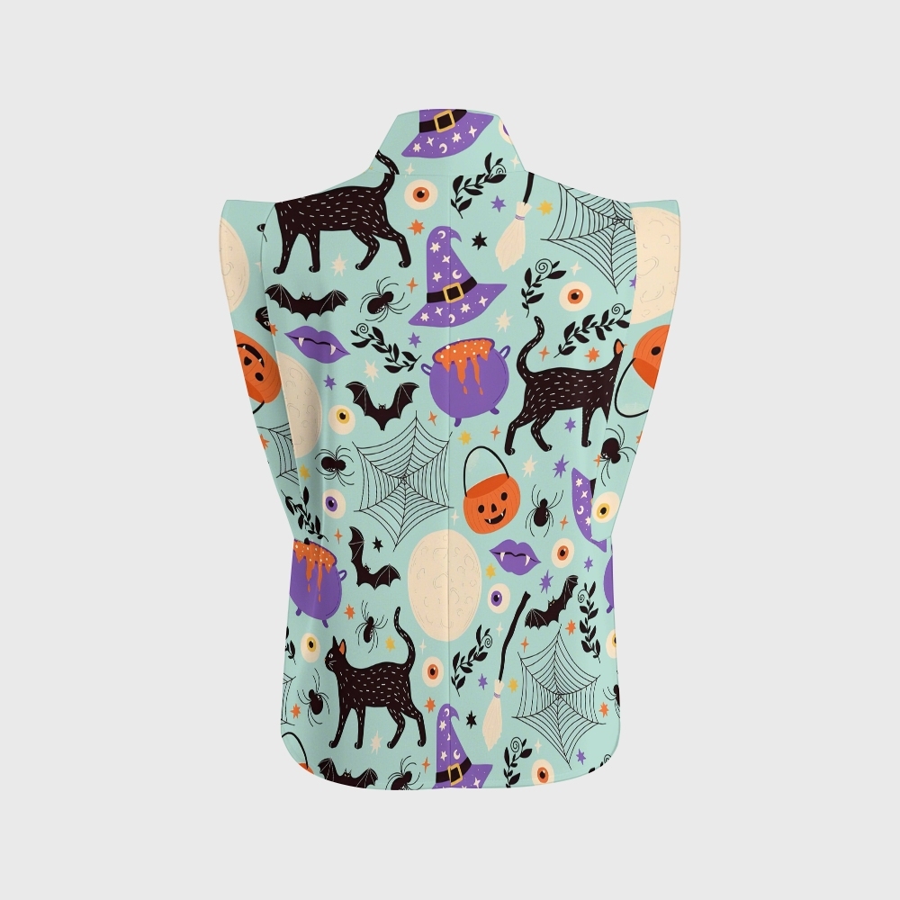 Women's Stand-Up Tie Zipper Halloween Printed Scrub Set SJ91727