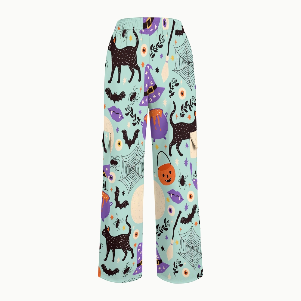 Women's Stand-Up Tie Zipper Halloween Printed Scrub Set SJ91727