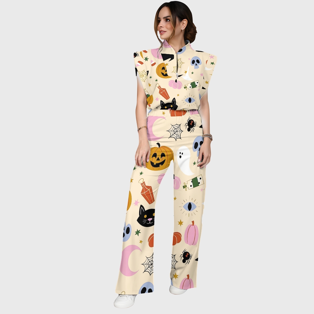 Women's Stand-Up Tie Zipper Halloween Printed Scrub Set SJ91728
