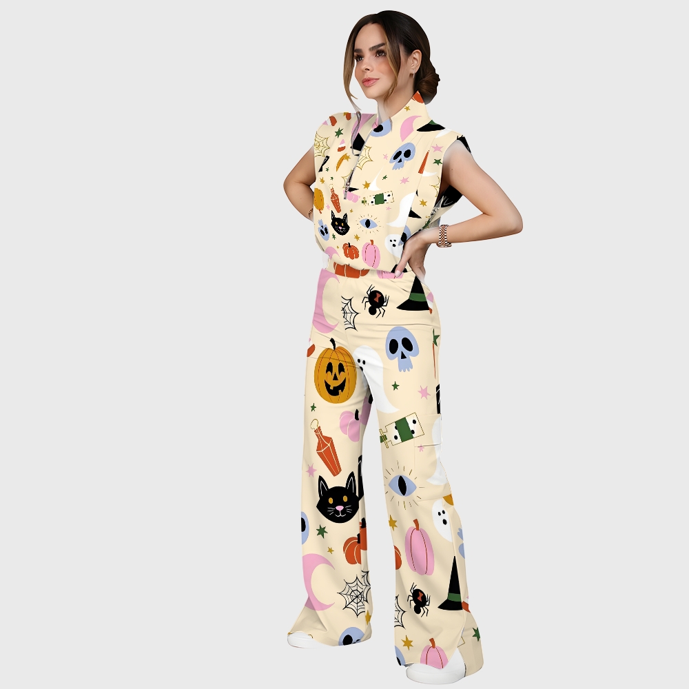 Women's Stand-Up Tie Zipper Halloween Printed Scrub Set SJ91728