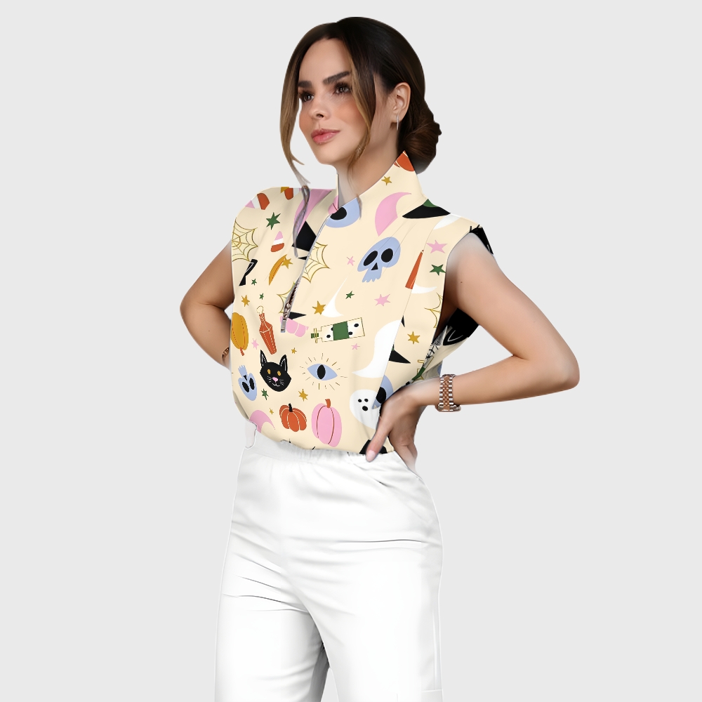 Women's Stand-Up Tie Zipper Halloween Printed Scrub Set SJ91728