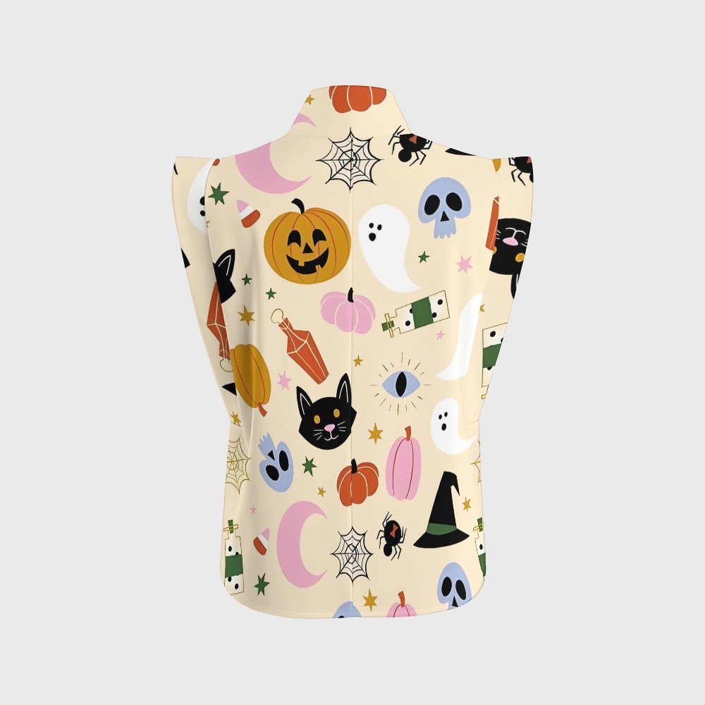 Women's Stand-Up Tie Zipper Halloween Printed Scrub Set SJ91728