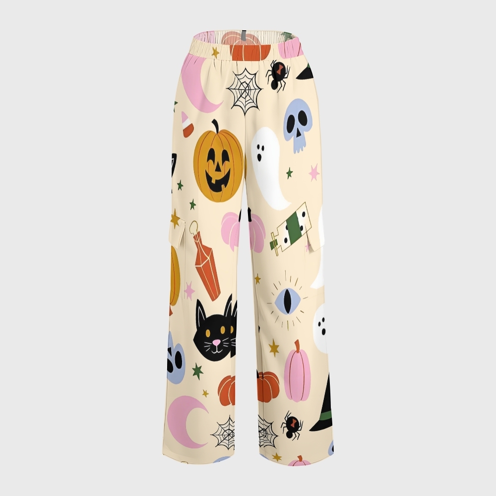 Women's Stand-Up Tie Zipper Halloween Printed Scrub Set SJ91728