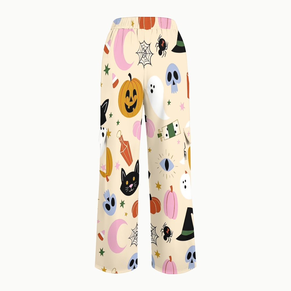 Women's Stand-Up Tie Zipper Halloween Printed Scrub Set SJ91728