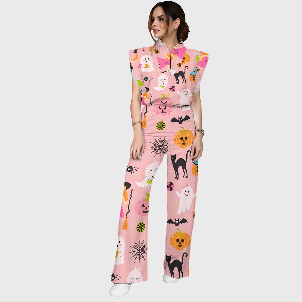 Women's Stand-Up Tie Zipper Halloween Printed Scrub Set SJ91729