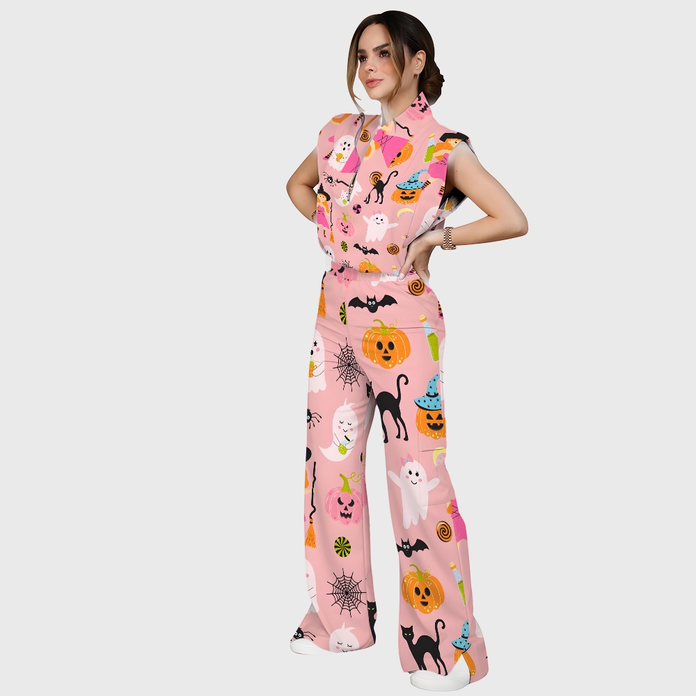 Women's Stand-Up Tie Zipper Halloween Printed Scrub Set SJ91729