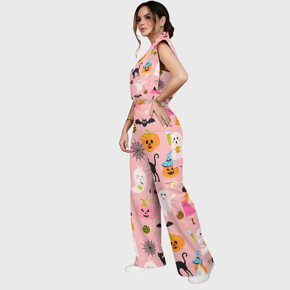 Women's Stand-Up Tie Zipper Halloween Printed Scrub Set SJ91729