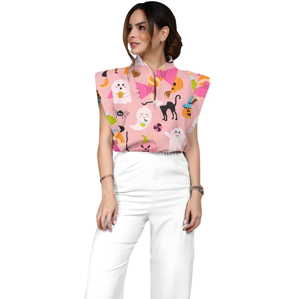 Women's Stand-Up Tie Zipper Halloween Printed Scrub Set SJ91729