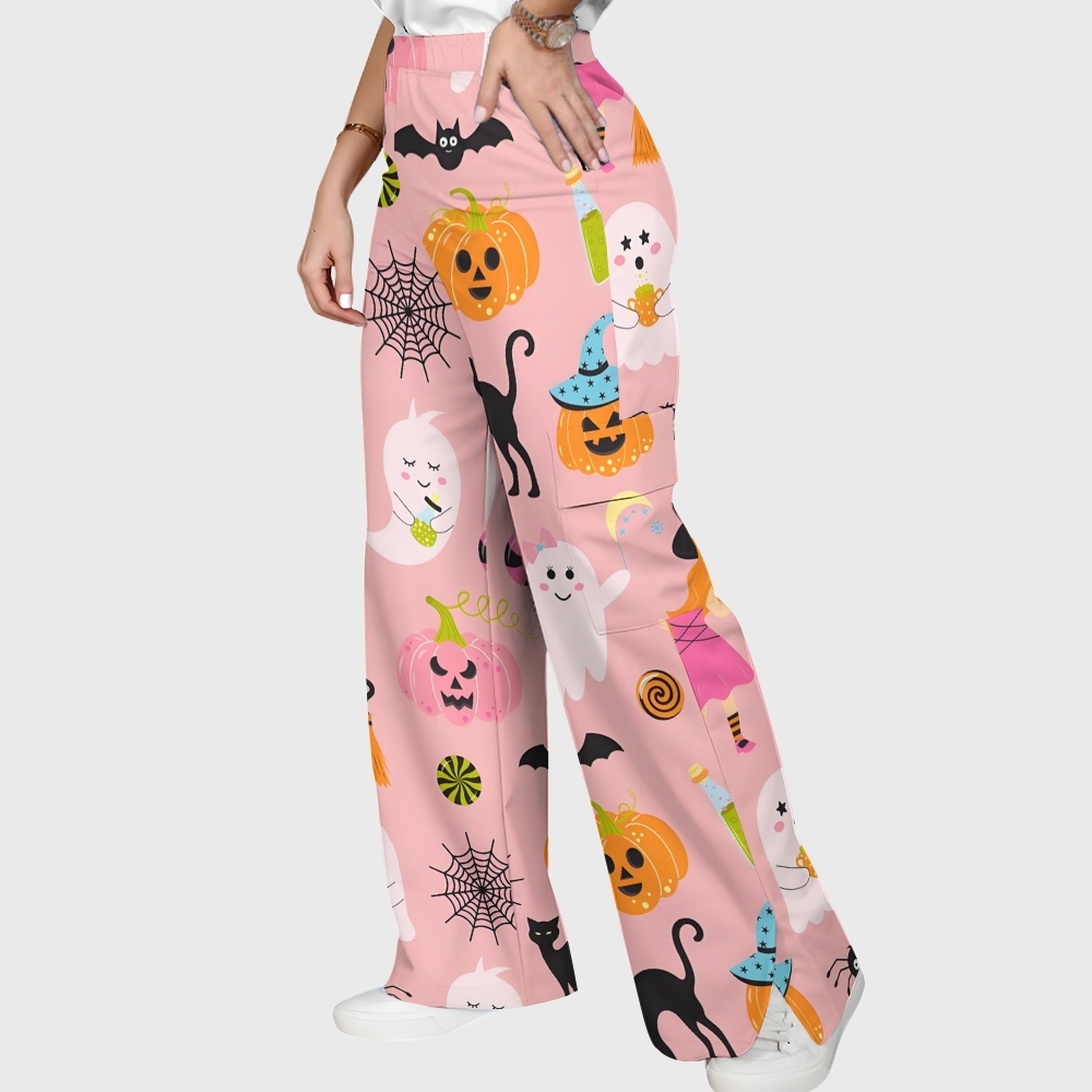 Women's Stand-Up Tie Zipper Halloween Printed Scrub Set SJ91729
