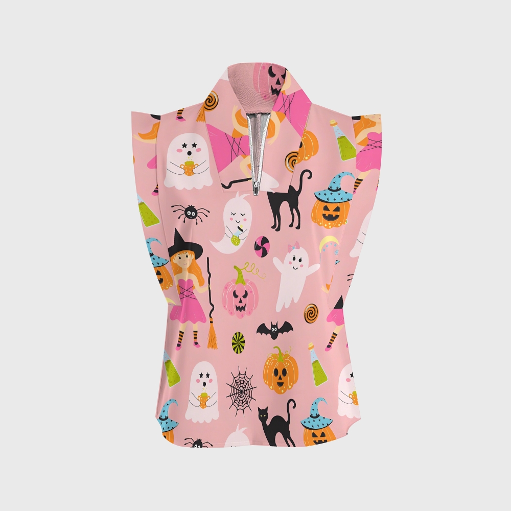 Women's Stand-Up Tie Zipper Halloween Printed Scrub Set SJ91729