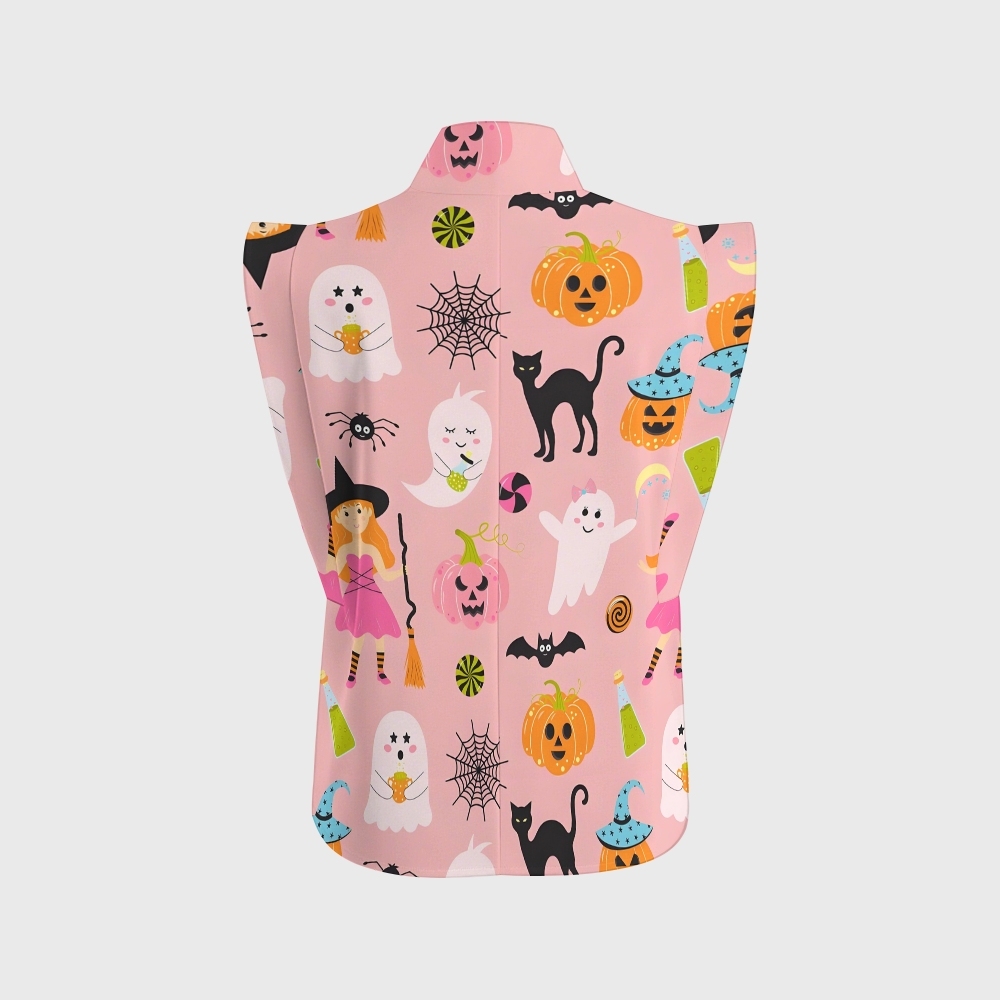 Women's Stand-Up Tie Zipper Halloween Printed Scrub Set SJ91729