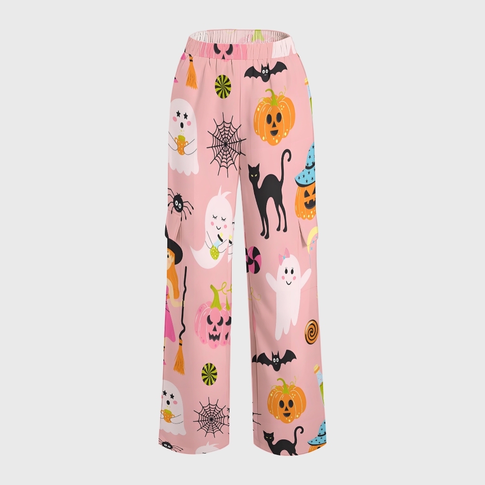 Women's Stand-Up Tie Zipper Halloween Printed Scrub Set SJ91729