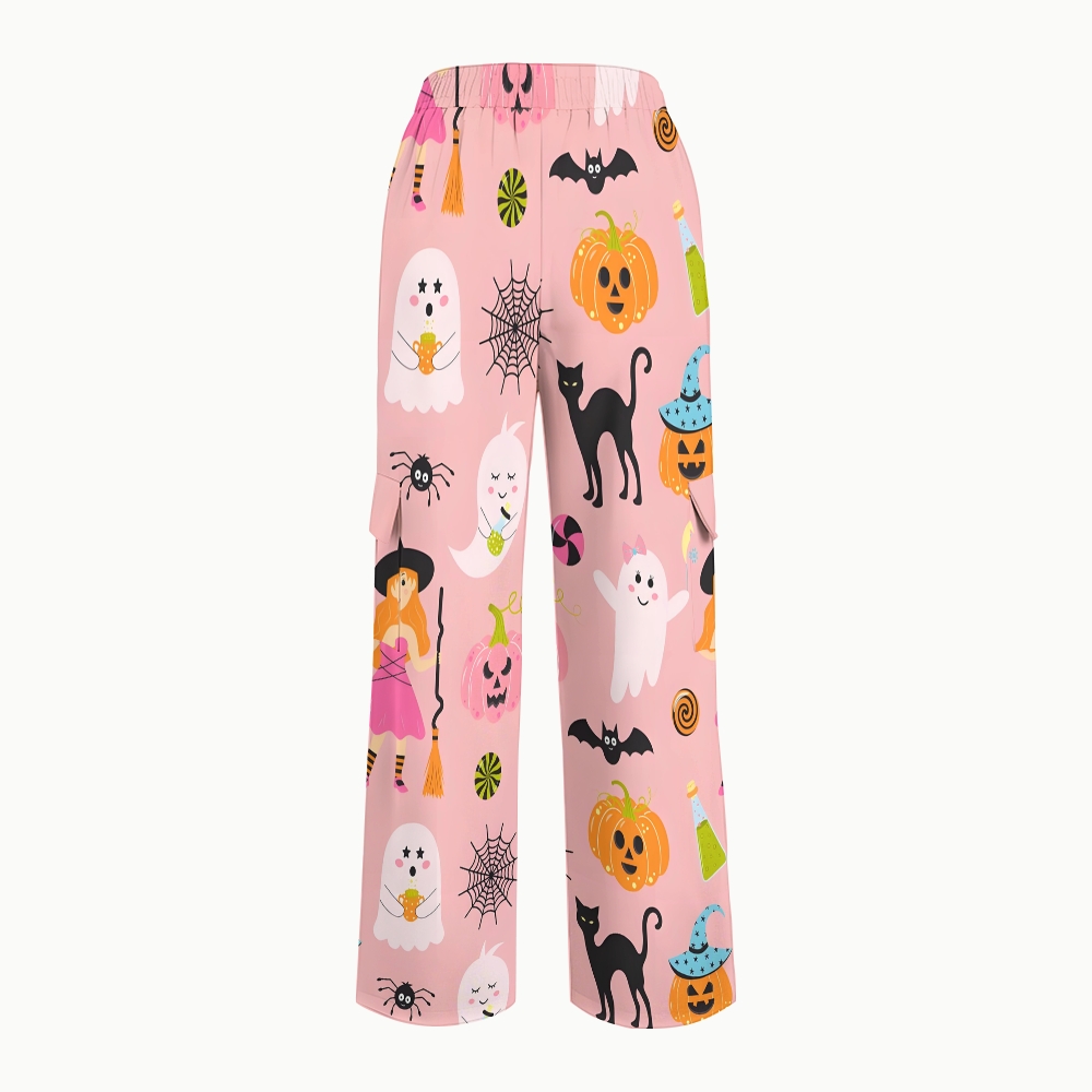 Women's Stand-Up Tie Zipper Halloween Printed Scrub Set SJ91729