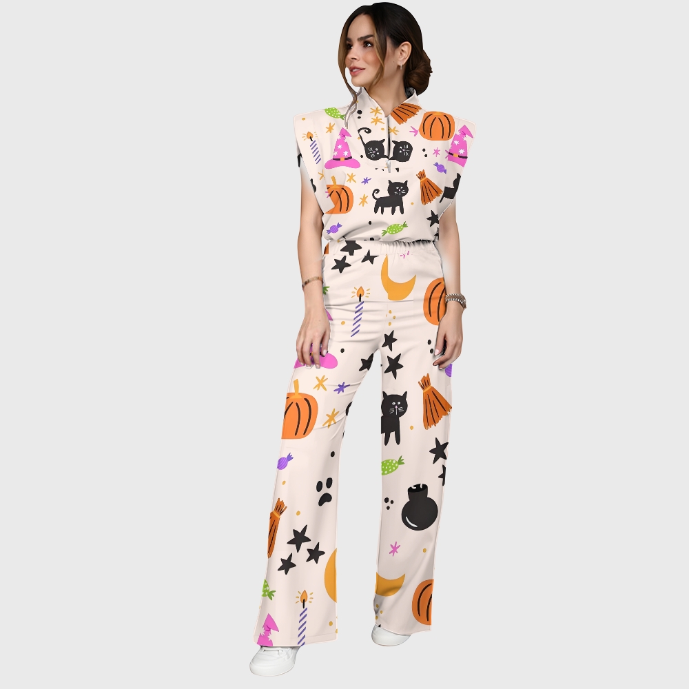 Women's Stand-Up Tie Zipper Halloween Printed Scrub Set SJ91730