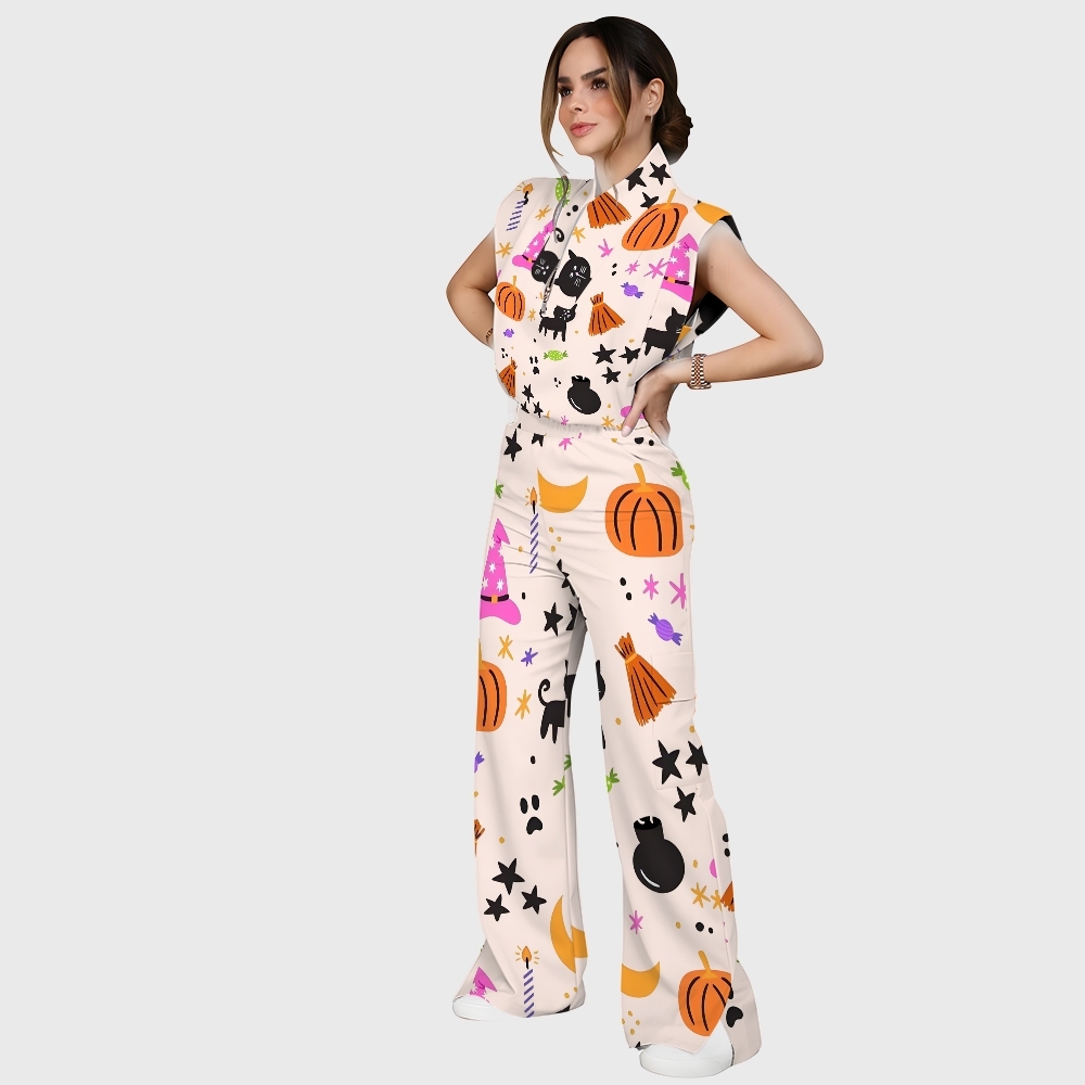 Women's Stand-Up Tie Zipper Halloween Printed Scrub Set SJ91730