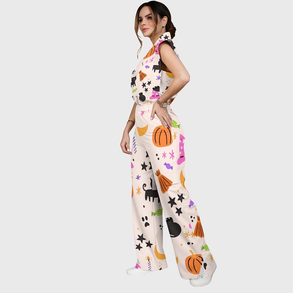 Women's Stand-Up Tie Zipper Halloween Printed Scrub Set SJ91730