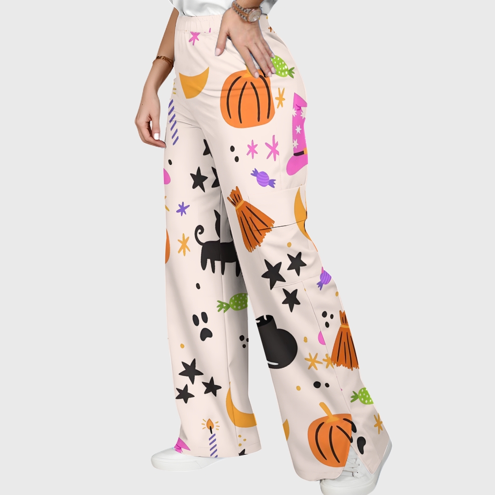 Women's Stand-Up Tie Zipper Halloween Printed Scrub Set SJ91730