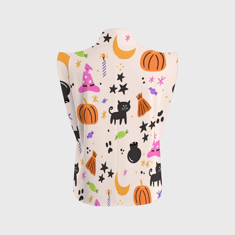 Women's Stand-Up Tie Zipper Halloween Printed Scrub Set SJ91730