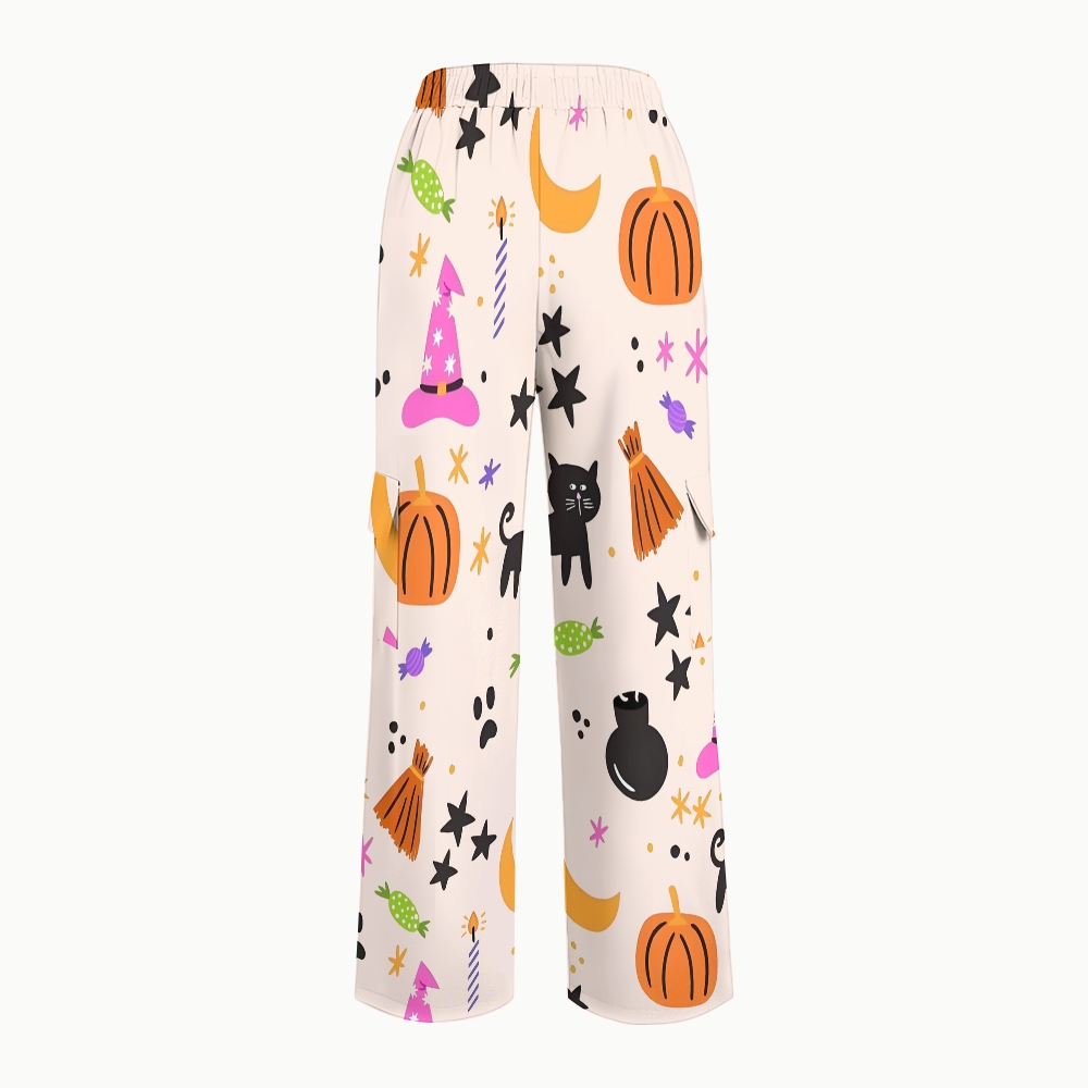 Women's Stand-Up Tie Zipper Halloween Printed Scrub Set SJ91730