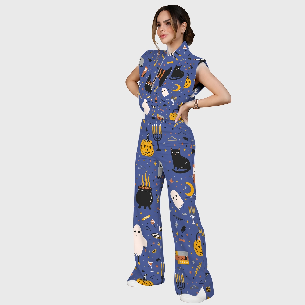 Women's Stand-Up Tie Zipper Halloween Printed Scrub Set SJ91731