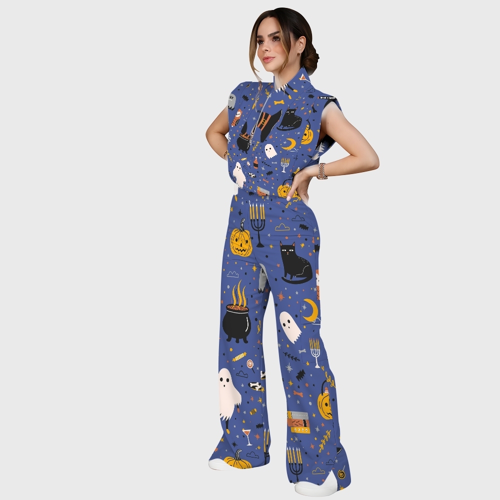 Women's Stand-Up Tie Zipper Halloween Printed Scrub Set SJ91731