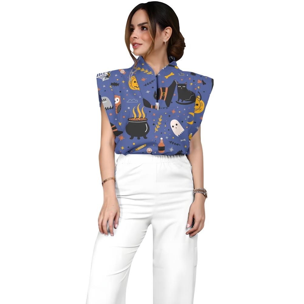 Women's Stand-Up Tie Zipper Halloween Printed Scrub Set SJ91731