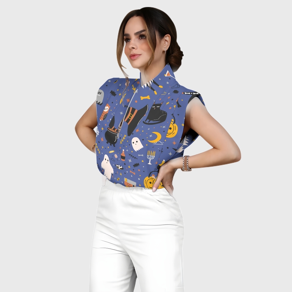 Women's Stand-Up Tie Zipper Halloween Printed Scrub Set SJ91731