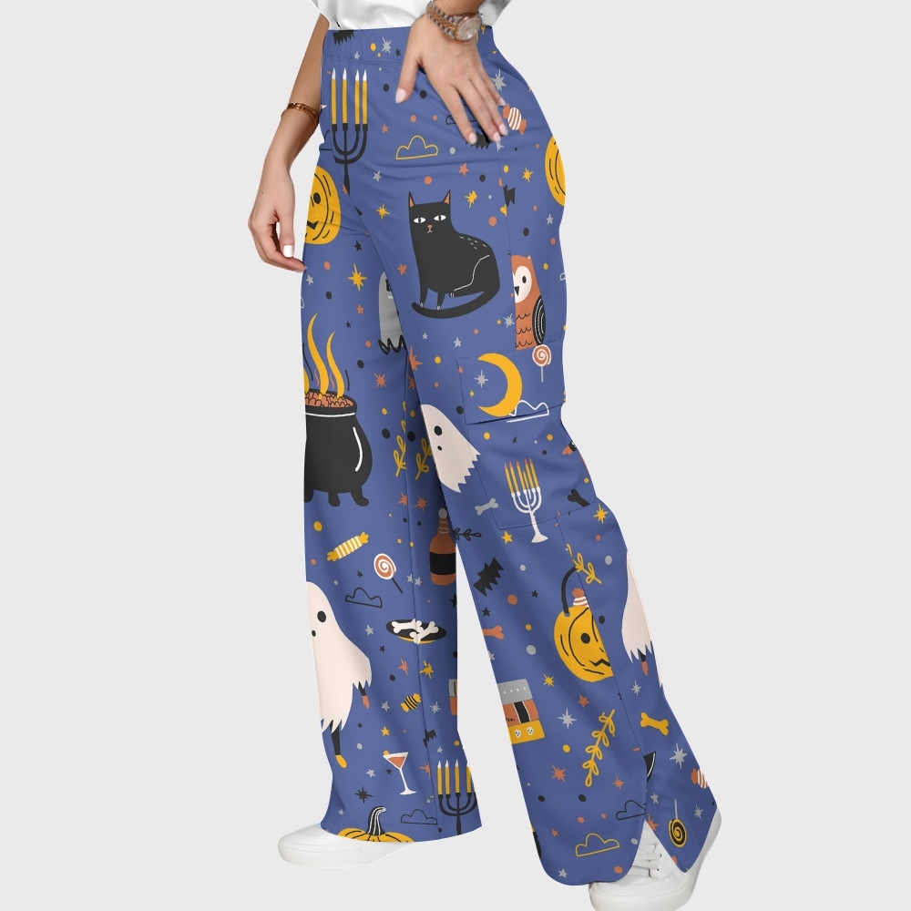 Women's Stand-Up Tie Zipper Halloween Printed Scrub Set SJ91731