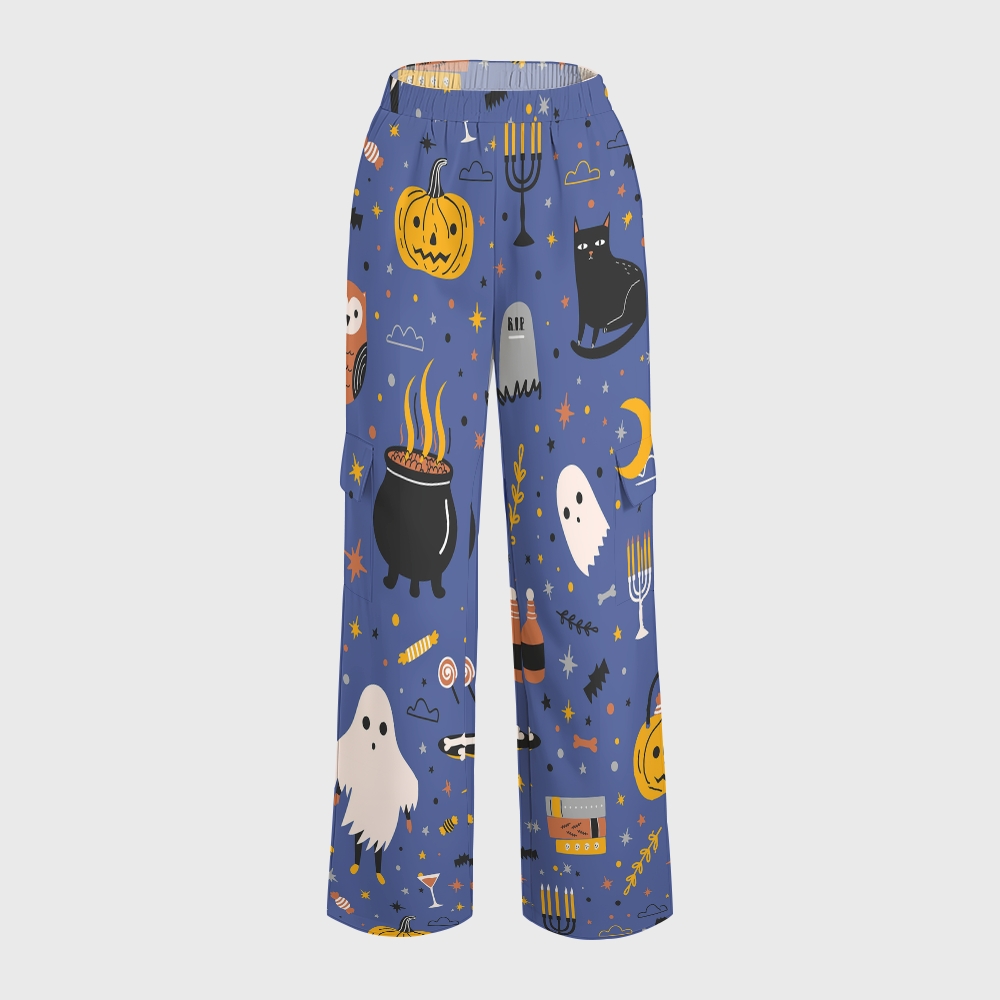 Women's Stand-Up Tie Zipper Halloween Printed Scrub Set SJ91731