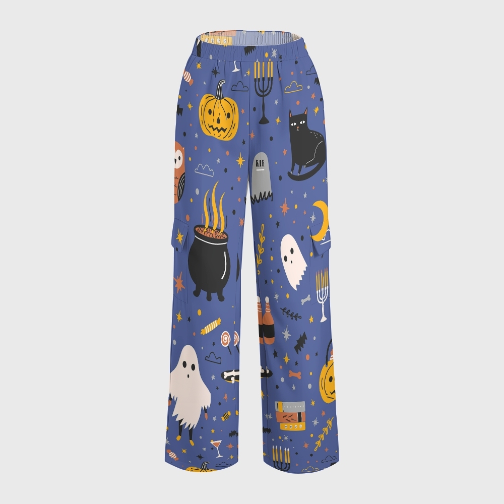 Women's Stand-Up Tie Zipper Halloween Printed Scrub Set SJ91731