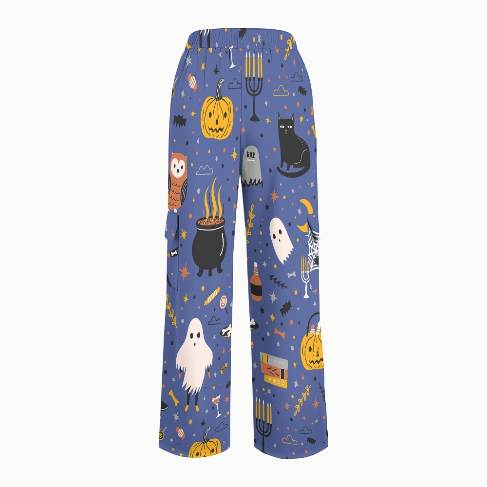 Women's Stand-Up Tie Zipper Halloween Printed Scrub Set SJ91731